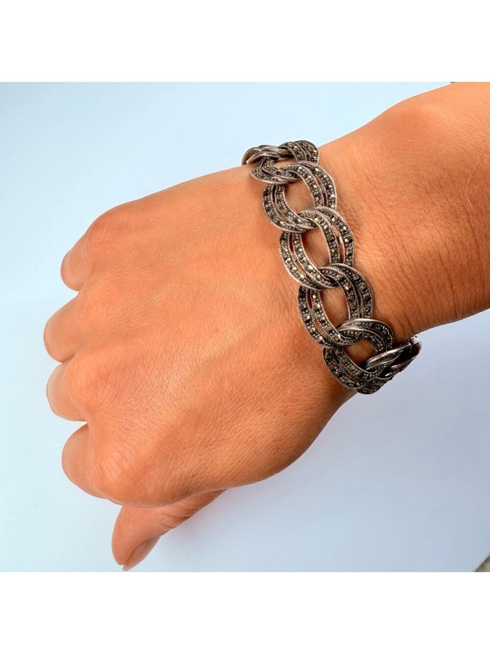 Vintage Large Marcasite 16mm Flat Curb Chain Link Sterling Silver 925 Bracelet - Picture 9 of 10